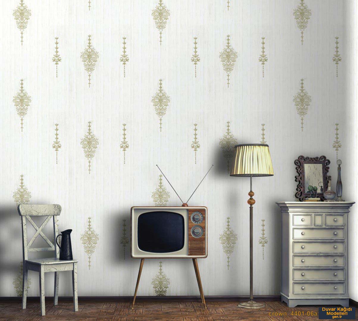 Açık Gri Simli Duvar Kağıdı Damask Desen Crown 440106